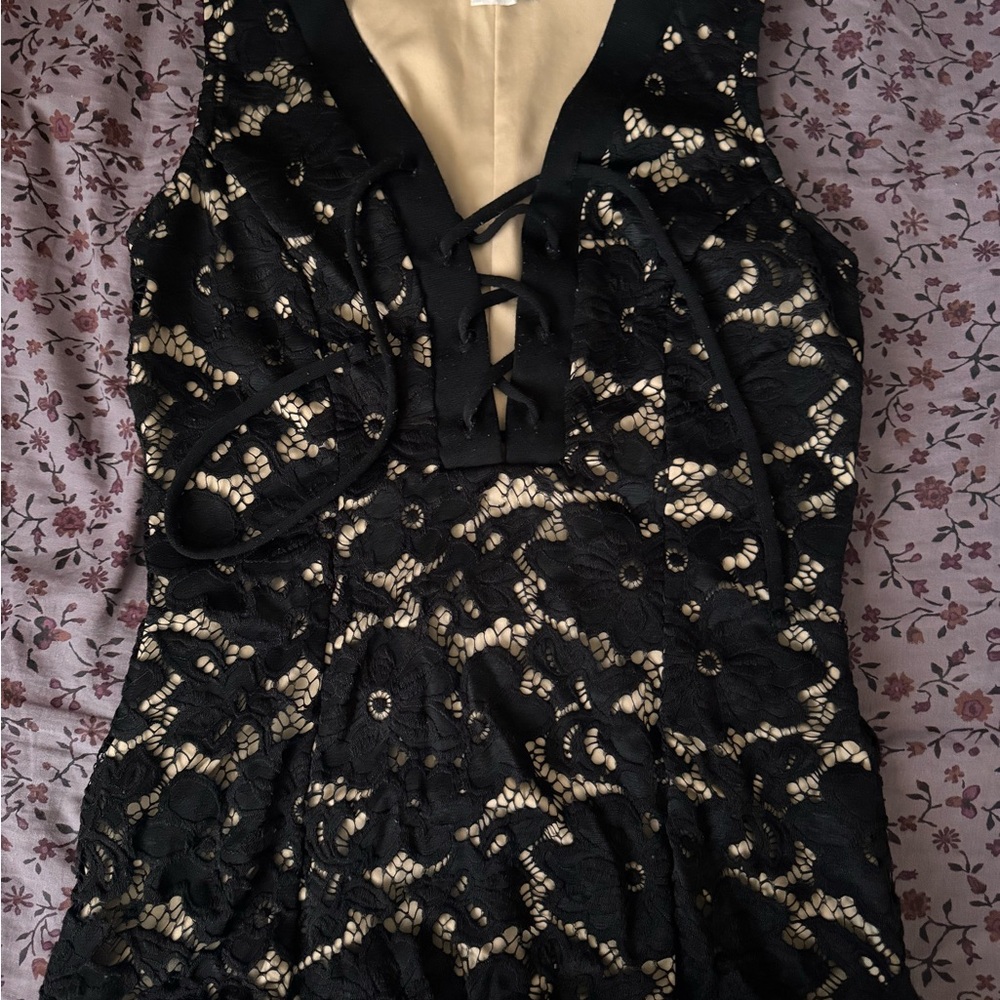 VENUS Black Lace Strapless Dress with Nude Underlay